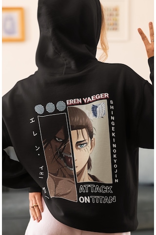 Sevbano Attack On Titan Eren Yeager Anime Sırt Baskılı Unisex Oversize Pe Siyah