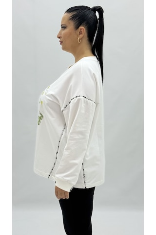 Büyük Beden Pamuklu Taşlı Uzun Kol Oversize Kadın Sweat Beyaz