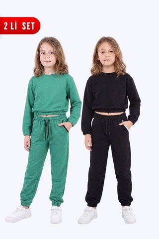 Panios Kids 2'li Yuvarlak Yakalı Beli Lastikli Crop Kesim 4 Parça Kız Çocuk Alt Üst Eşofman Takımı Yeşil-siyah