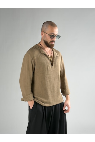 Cocopelli Tasarım Kahverengi Düğme Detaylı Erkek T-shirt Coc2869