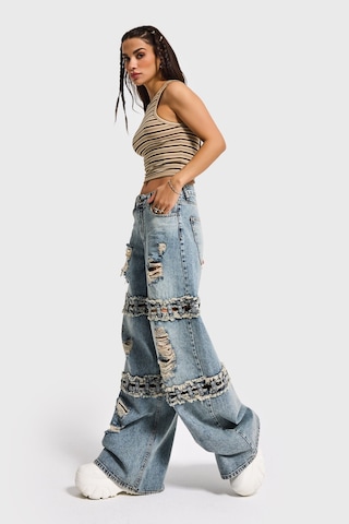 Itsbasic Kadın Kot Rengi Palazzo Fit Yırtık Detaylı Tasarım Denim Jean Mavi