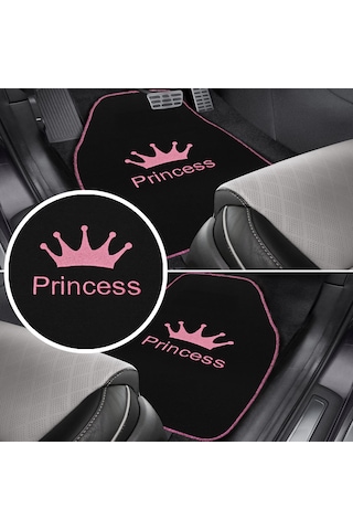Prenses Gibi Arabana Hava Kat Taç Desenli Pembe Nakışlı 5 Li Oto Halı Paspas Seti