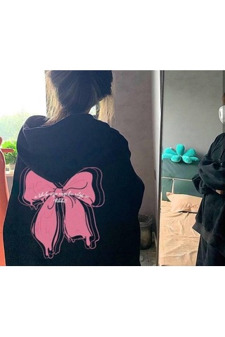 Y2k Tarzı Kurdele Tasarım Sweatshirt Siyah