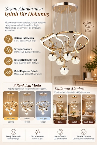 Ey-El Tasarım Galaksi Modern Sarkıt Led Avize 3 Renk Sarı Gold Kaplmalı Toplu Kelebek Taşlı Gold