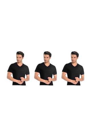 Erkek Modal V Yaka Kısa Kol 3'lü Paket 3043 Siyah