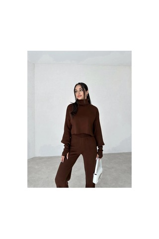 Munora Butik Kadın Yüksek Bel Triko Takım Parmak Geçmeli Kahverengi kahverengi