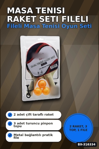 Masa Tenisi Raket Seti Fileli Pinpon Raketi - 2 Raket 3 Top 1 File Ayak Bx-316334