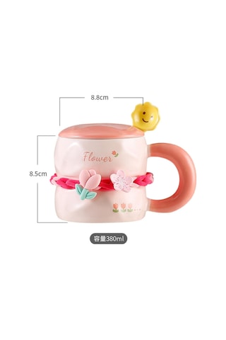 Tatlı Çiçekli Kahve Fincanı 380 Ml Kapaklı Ve Kaşıklı Seramik Kupa Mor