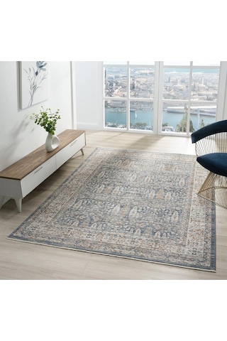 Mariesse Home Vintage Eskitme Desenli Makine Dokuma Salon Oturma Odası Halısı 10207 Mavi
