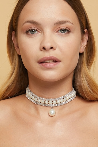 Furtek Aksesuar Kadın İnci Model Zirkon Taşlı Gümüş Choker Tasma Kolye Gerdanlık Altın