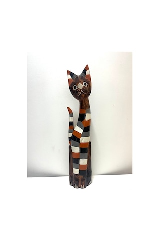 Ahşap Dekoratif Kedi Çizgili 60 Cm Otantik Dekor Biblo
