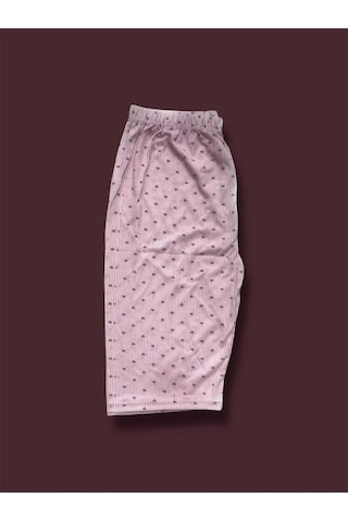 Desenli Penye Diz Altı Büyük Beden Anne Kadın Kapri Pembe Çizgili Kalpli