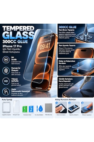İphone 17 Pro Max Uyumlu Premium 300cc Glue Tempered Glass Anti Static & Finger Print