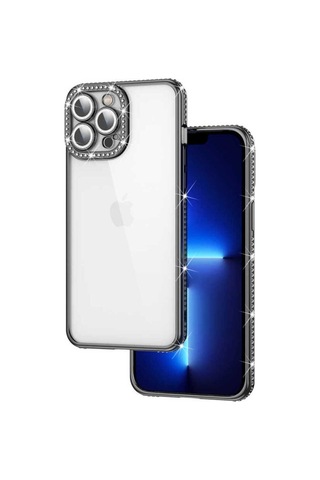Apple Uyumlu iPhone 13 Pro Max Kılıf Kamera Korumalı Taşlı Zore Mina Kapak Siyah