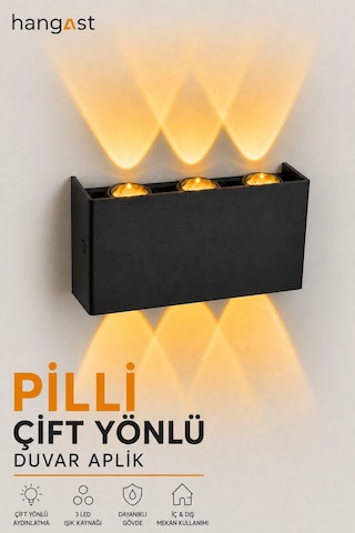 Pilli Amber 3 Led Dekoratif Duvar Apliği Çift Yönlü Yukarı Aşağı Aydınlatma İç & Dış Mekan Duvar Lambası Siyah