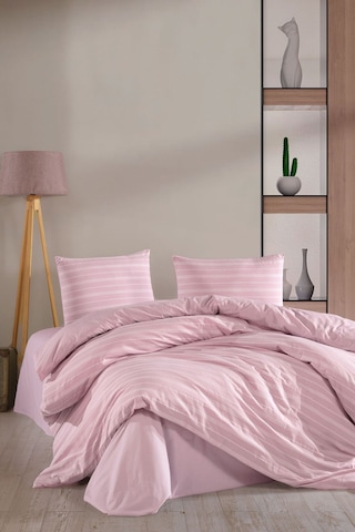 Varol Lastikli Saten Çizgili Çift Kişilik Nevresim Takım Pembe