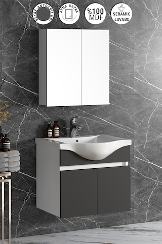 Yıldız 65 Cm Beyaz-antrasit Gri Mdf Asma Banyo Dolabı Takımı Beyaz - Antrasit