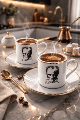 2'li Porselen Atatürk Silüetli Fincan Takımı - Yaldız Detaylı Fincan Seti Beyaz - Altın