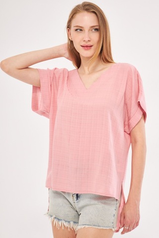 Armonika Kadın Gül Kurusu V Yaka Yanları Yırtmaçlı Arkası Uzun Duble Kol Detaylı Oversize Bluz Arm-24y001074