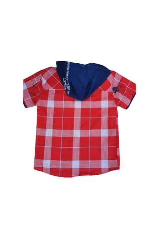 Erkek Çocuk Kapüşonlu Kareli Kısa Kollu Tasarım Gömlek-12523 Kırmızı