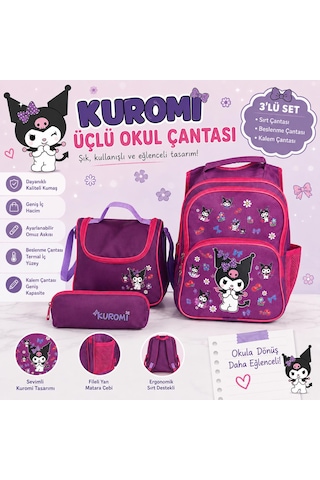 Kuromi Desenli Mor Renk Üçlü Kız Çocuk İlkokul Çantası + Termal Beslenme Çantası + Kalemlik Kuromi Desenli Mor Renk Üçlü Kız Çocuk İlkokul Çantası + Termal Beslenme Çantası + Kalemlik