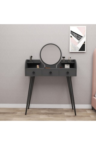 Arnetti Aynalı Ahşap Ayaklı Elegans Makyaj Masası Antrasit