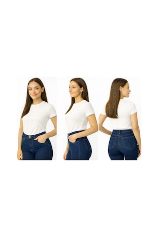 İngegno Body Bisiklet Yaka Yarım Kol Örme Kumaş Viskon Body Kadın Ekru