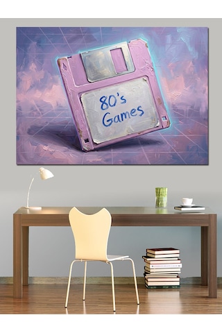 Pembe Disket 80's Games Tablosu Dekoratif Kanvas - Mdf Ahşap Tablo