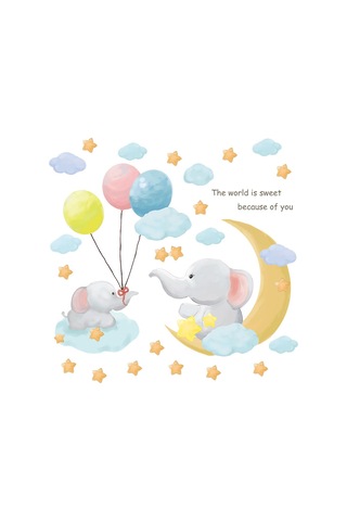 Duvar Çıkartmaları Seti, Filler, Ay, Bulutlar, Yıldızlar, Balonlar Duvar Çok Renkli