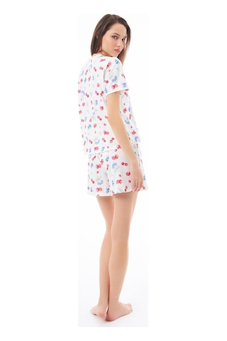 Premium Yazlık Şortlu Kadın Pijama Takımı Meyve Desenli Yumuşak Dokulu Bisiklet Yaka Kısa Kollu Krem