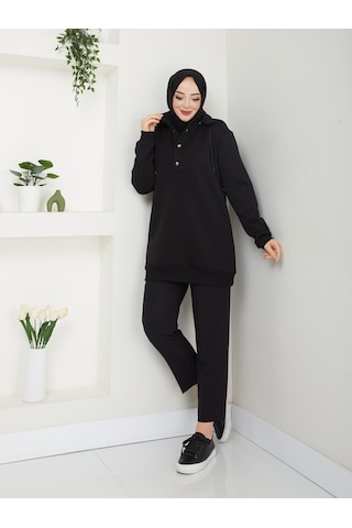 Raika Moda Kapşonlu 3 İplik Büyük Beden Tesettür Sweatshirt Siyah