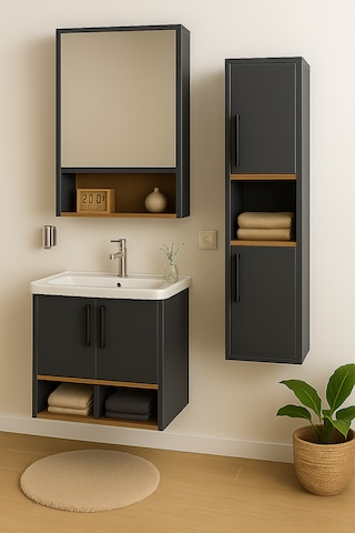 Dmz Home Concept Legna 65 Cm Antrasit Ahşap Mdf Banyo Dolabı Seti Antrasit - Meşe