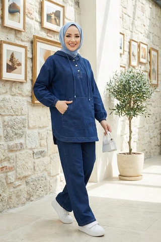 Hb Harma Time Butik Kadın Kapüşonlu, Düğmeli Ve Cepli Koyu Kot Mavi Tunik Pantolon Takım Koyu Mavi