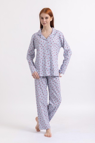 Kadın Dört Mevsim %100 Pamuk Düğmeli Kalp Desenli Yüksek Kalite Pijama Takımı 9323 - Mavi