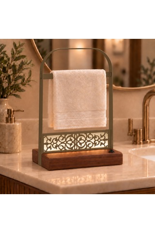 Pilli Led Işıklı El Havluluğu, Ahşap Tabanlı Ayaklı Banyo Havlu Standı Haki