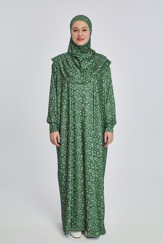 Pratik Tek Parça Çiçek Desenli Namaz Elbisesi Yeşil