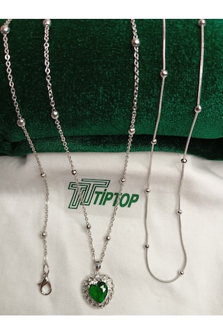 Tiptop/ Yeşil Taş Kalp Model Gümüş Renk Kolye-top Model Kolye Bileklik 3'lü Set Gold
