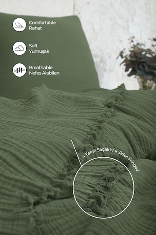 %100 Pamuk Müslin Yatak Örtüsü Tek Kişilik 4 Katlı Battaniye 2 Parça Müslin Pike Seti Yeşil Yeşil