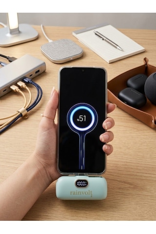 Rainvolt Mini Kapsül Powerbank Led Dijital Göstergeli & Dahili Kablolu Taşınabilir Şarj Cihazı Yeşil