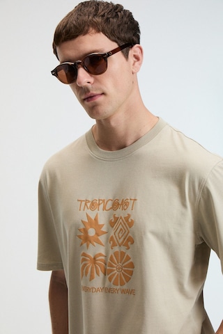 Grimelange SWEET Erkek %100 Pamuk Oversize Fit Baskılı Kısa Kollu Yuvarlak Yakalı Taş Rengi T-Shirt