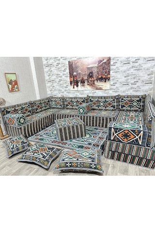 Coton Şark Köşesi Otantik Desenli 30 Cm Lüks Minder Takımı Konsept Antrasit Gri Antrasit