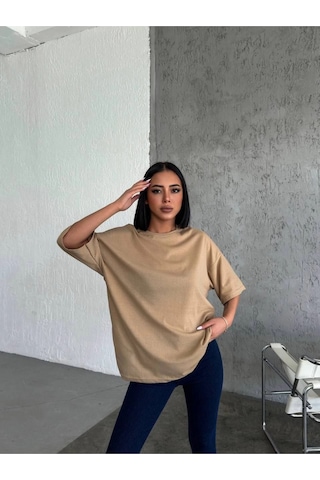 Wear Vexel Kadın Düz T-shirt Kısa Kol Bisiklet Yaka Oversize Rahat Kalıp Günlük Tişört - Bej Bej
