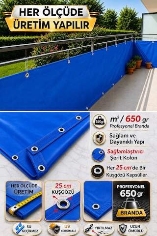 Mavi Balkon Brandası - 650 Gr Pvc Polyester - Kuşgözlü Ve Kolon Takviyeli Balkon Demiri Brandası Mavi