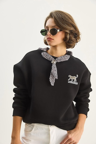 Shade Kadın Fular Detaylı Leopar Nakışlı Üç İplik Şardonlu Oversize Sweatshirt 6917 60283616 - Siyah
