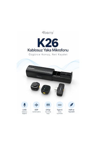 K26 Kablosuz Yaka Mikrofonu Type-c Çift Mikrofon Gürültü Azaltma Şarj Kutulu Vlog Röportaj Mikrofonu