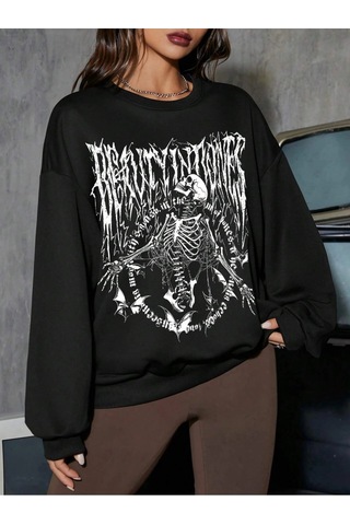 Adrift Coolane Skeleton & Letter Graphic Drop Shoulder Sweatshirt Siyah Siyah