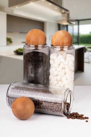 3lü Ahşap Top Kapaklı Dekoratif Çay Kahve Şeker Tuz Saklama Kavanozu 1500ml Çok Renkli