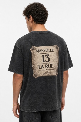 Respire Erkek Marseille Baskılı Yıkamalı Oversize T-shirt Siyah