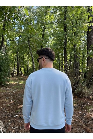 Erkek Oversize Bisiklet Yaka Geniş Kesim Sweatshirt Mavi