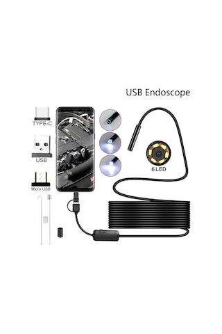 3'ü 1 Arada Endeskop Kamera Mikrofon Usb Ve Tip-c 6 Led Su Geçirmez 10 Metre Borescope Yılan Kamera Siyah 5 Metre